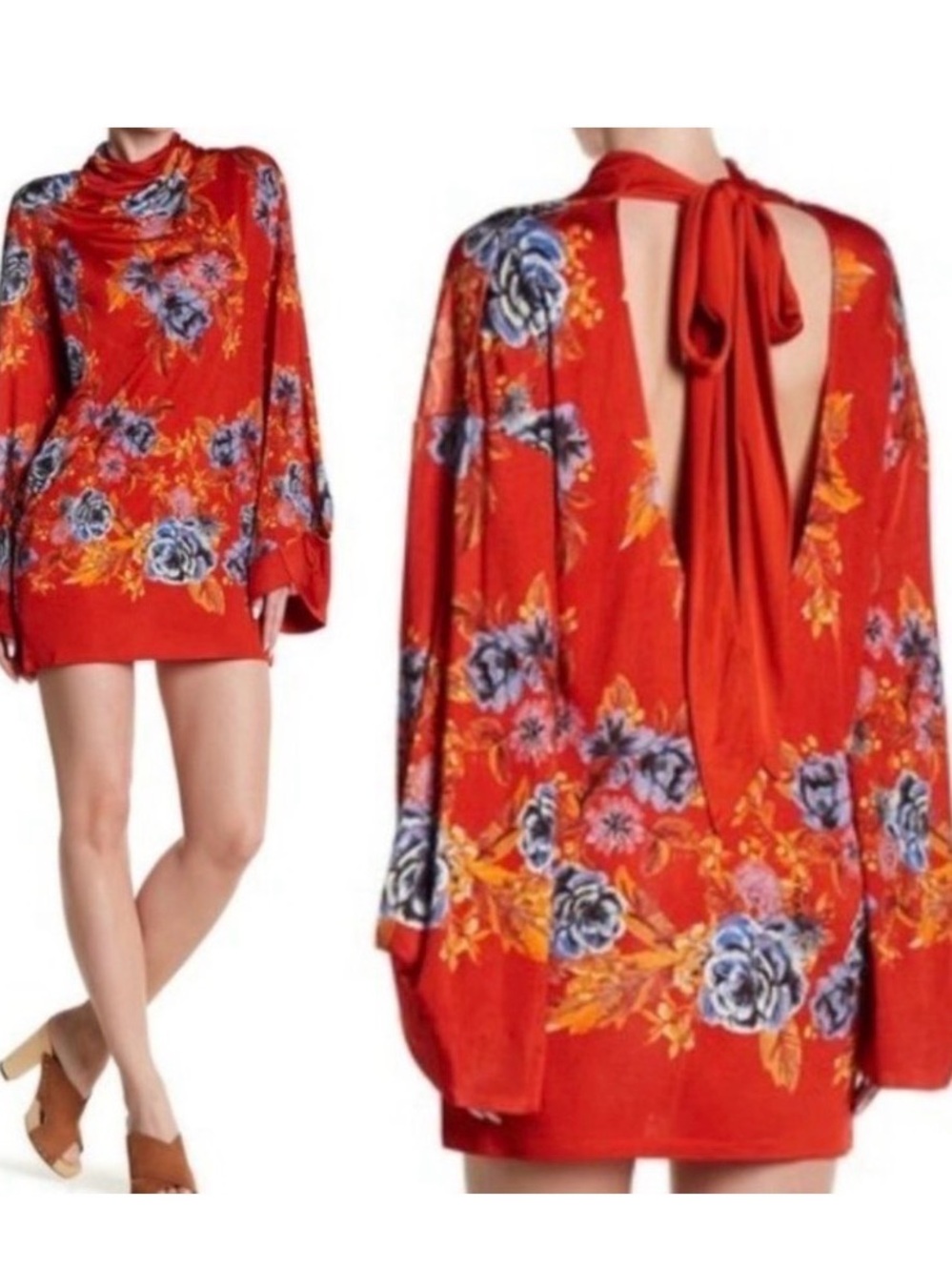 Free People 2am Floral Mini Dress Tunic Backless XSmall XS Cowl Neck Tie Satin